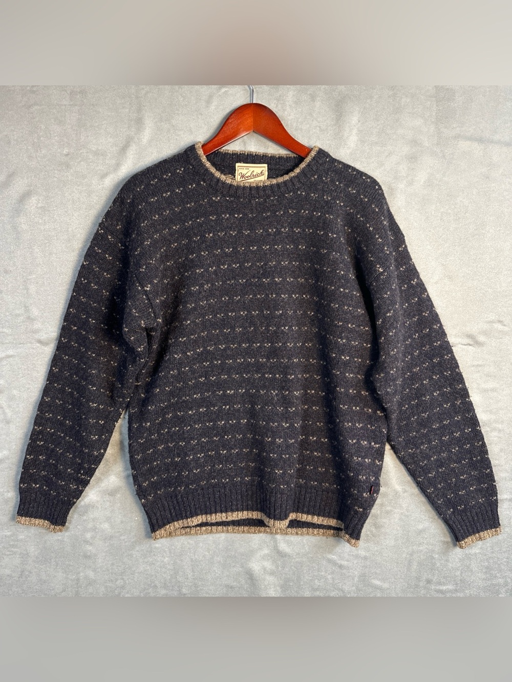 Woolrich Sweater Mens Medium Navy Nottingham Tweed Wool Birdseye Crewneck